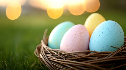 Fototapeta premium a nest filled with colorful Easter eggs sitting on top of a lush green field, with a blurred background
