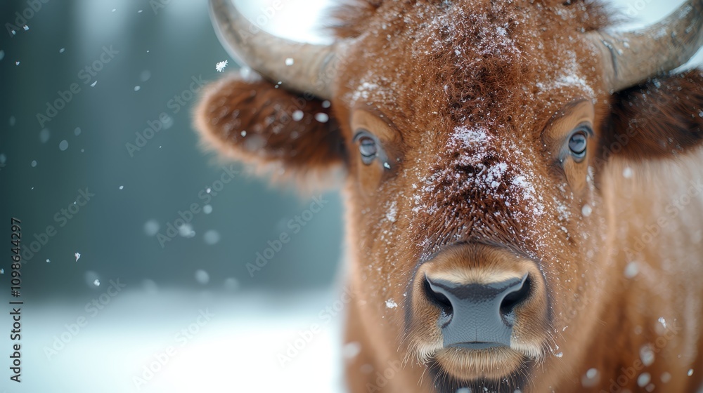 Poster  a brown and white cow standing in the snow, looking directly at the camera with a blurred background