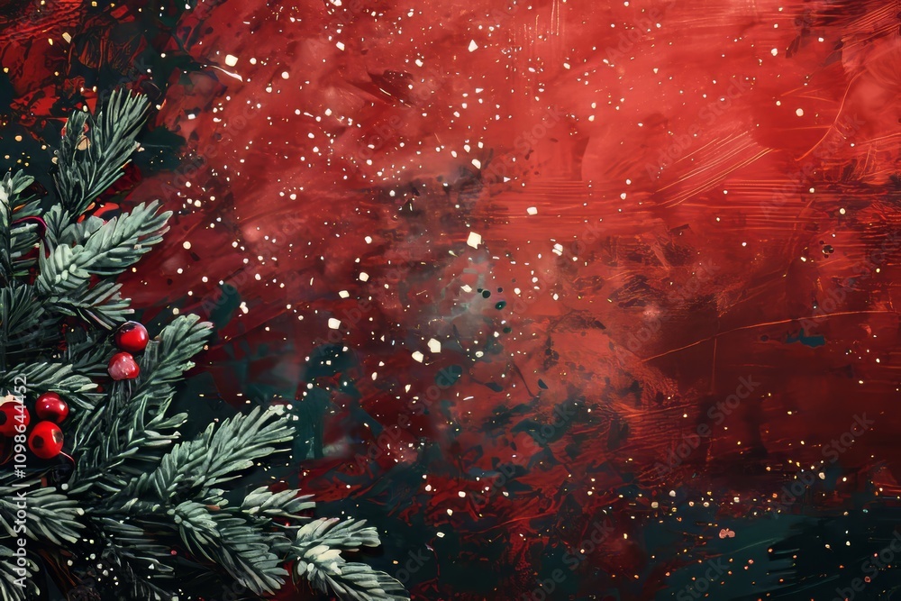 Poster a beautiful red background with a green tree branch covered in snow. the snow is falling gently on t