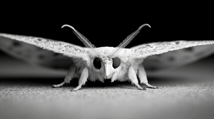 Fototapeta premium a white moth sitting on top of a table against a black and white background The moth is in sharp focus, while the background is slightly blurred, giving the image