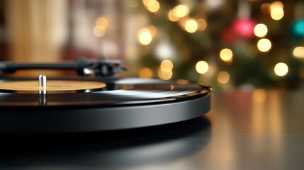Obraz premium a turntable sitting on top of a table next to a Christmas tree, with a record player in the foreground and a blurred background