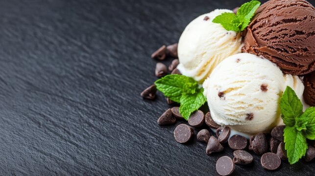  three scoops of ice cream with chocolate chips and mint leaves on a black background The ice cream scoops are in shades of white, cream and brown, and the mint lea