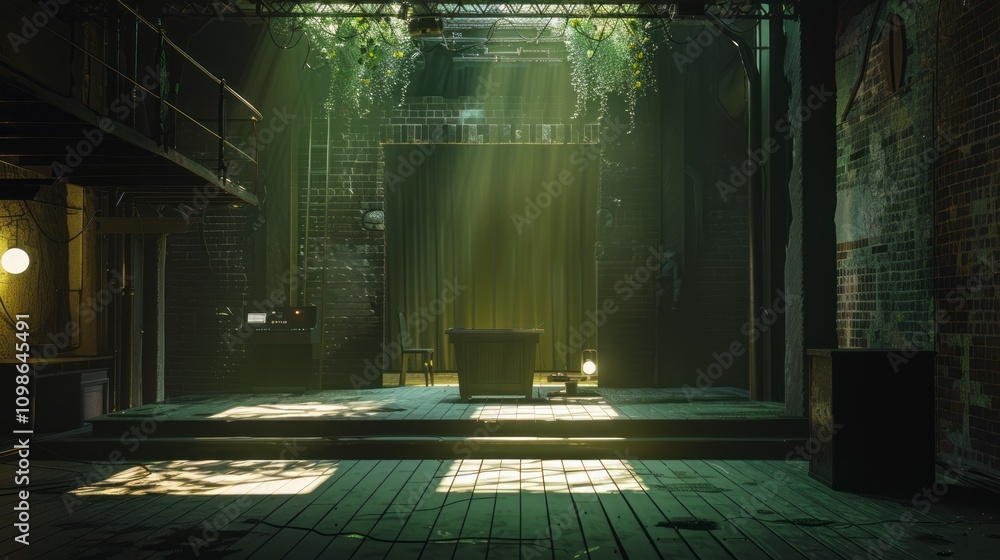 Poster sunlight streams through windows in an abandoned industrial warehouse with overgrown greenery, creat