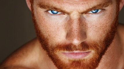 Obraz premium a man with red hair and blue eyes looking directly at the camera His face is in focus, while the background is slightly blurred, giving the image a sense of depth