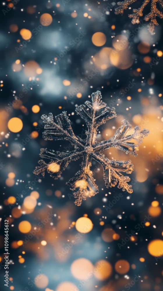 Aufkleber captivating image of a frosted snowflake surrounded by warm bokeh lights, creating a magical winter 