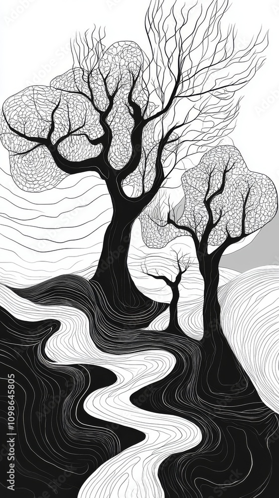 Poster A striking black and white abstract illustration featuring trees with complex branches and flowing lines, creating a surreal landscape.