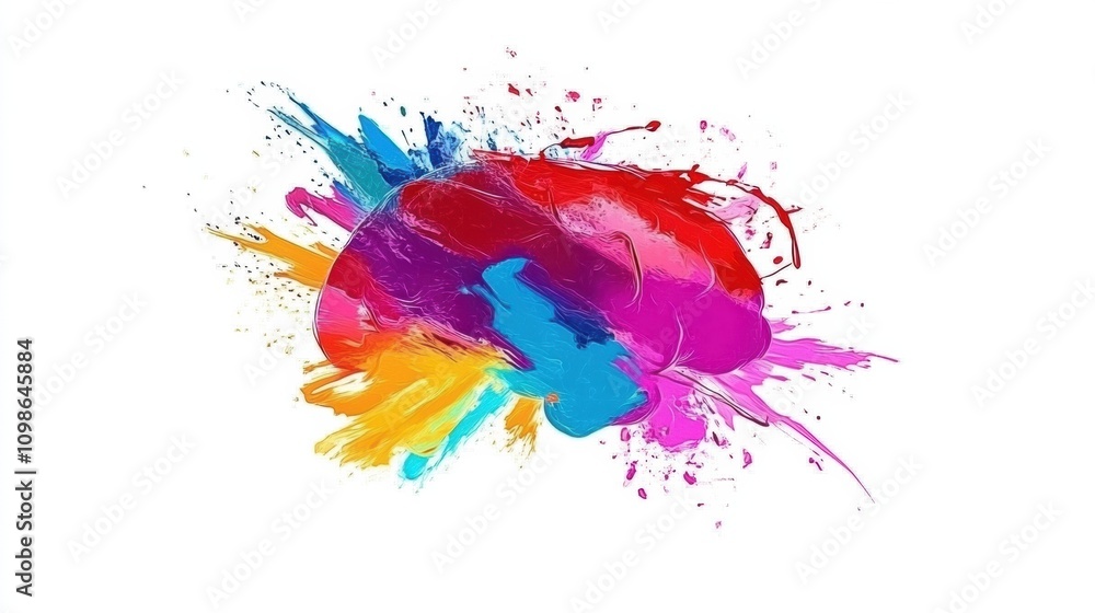 Poster bright strokes and splashes of color cover a brain, symbolizing the fusion of art and intellect in a