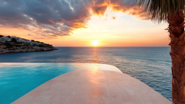  a stunning view of a swimming pool with a palm tree in the foreground, surrounded by the crystal blue waters of the Mediterranean Sea The sky is painted with a bea