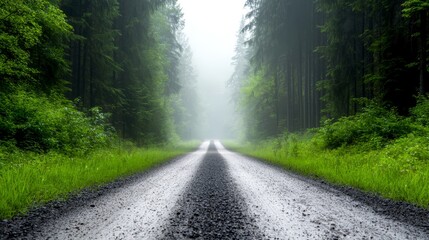 Obraz premium a dirt road winding through a lush green forest, with tall trees on either side and a bright blue sky in the background