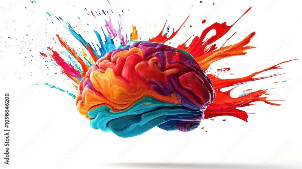 Poster a brain is surrounded by dynamic and colorful paint strokes, representing the explosion of creativit