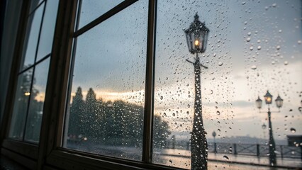 Wet window overlooking a city lantern on a rainy day.