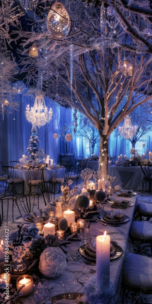 Poster a christmas party with a tree in the background. the tree is lit up with candles and has a chandelie
