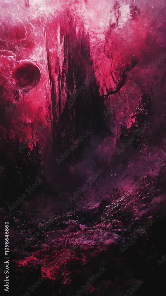 Poster a very dark and very colorful space scene with a large red planet and a large red tower. the sky is 