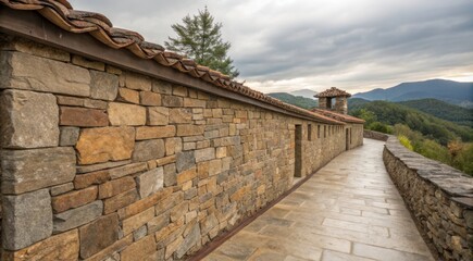 Old Stone Wall With Brown Tiles and Gray Slate Stones in a Mountainous Area During Cloudy Weather. Generative AI