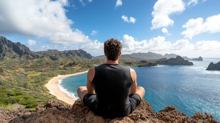 Fototapeta premium a man sitting atop a cliff, looking out at the vast expanse of the ocean He is surrounded by lush green hills, trees, and plants, and the sky is filled with white,