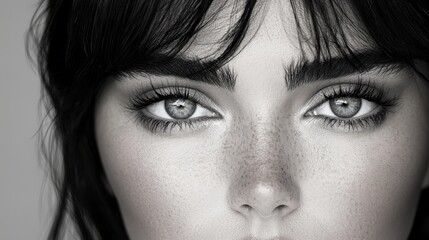 Obraz premium a black and white photo of a woman with freckles on her face Her eyes are the focus of the image, and the background is blurred, giving the photo a dreamy, etherea
