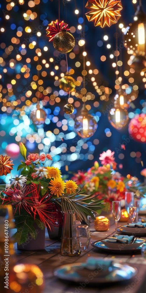 Poster Dynamic 3D rendering capturing the essence of a festive party scene with vibrant decorations and lively elements.