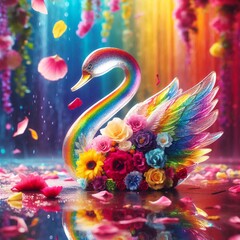 Fototapeta premium Glass swan with flowers petals and rainbow colors