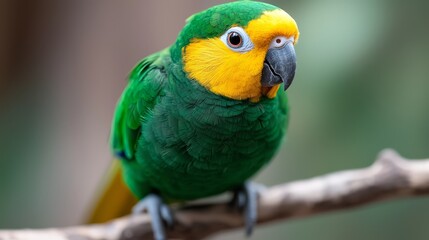 Obraz premium a green and yellow parrot perched on a tree branch The parrot has a bright green body with yellow accents, and its wings are spread out as if it is about to take f