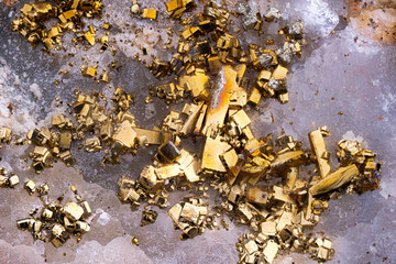 Golden pyrite on quartz. Specimen from st-marguerite-lafigère, France. Micro photography extreme...