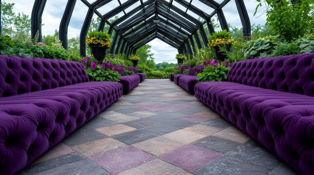  a long row of purple couches sitting inside of a greenhouse, surrounded by flower pots with plants and flowers The sky in the background is filled with white, fluf