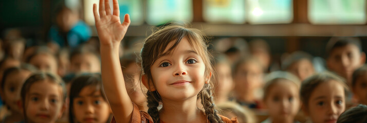 Fototapeta premium Elementary school girl raising her hand in the classroom.