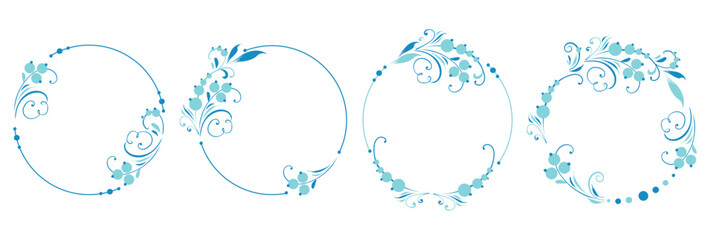 Blue winter round frame with vignettes. Folk motif with floral Slavic old Russian patterns. Design of wedding, Christmas invitations, anniversaries, congratulations. Vector isolated elegant border.