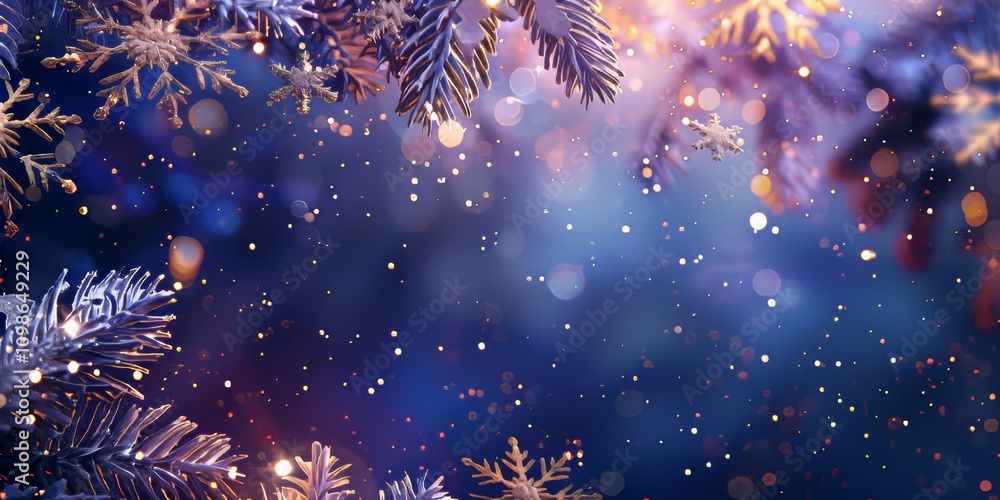 Poster a blue background with snowflakes and a tree. the snowflakes are falling and the tree is covered in 