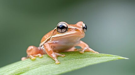 Fototapeta premium a brown frog sitting atop a green leaf, with a blurred background