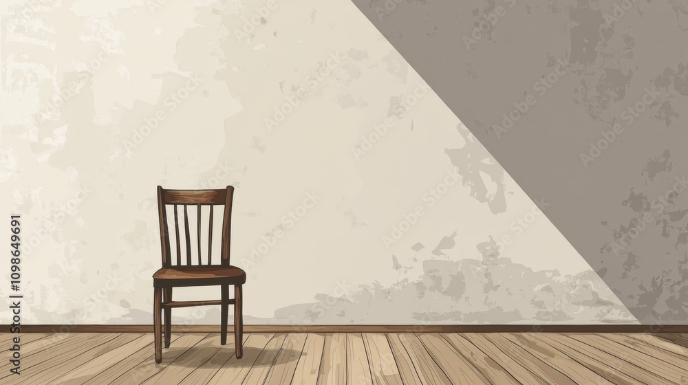 Fototapete Bright, open space featuring warm wooden flooring and a single chair against a textured wall, creating a sense of calm and simplicity. Generative AI