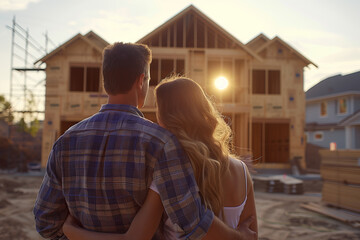 Fototapeta premium Couple looking happily at their house, house construction
