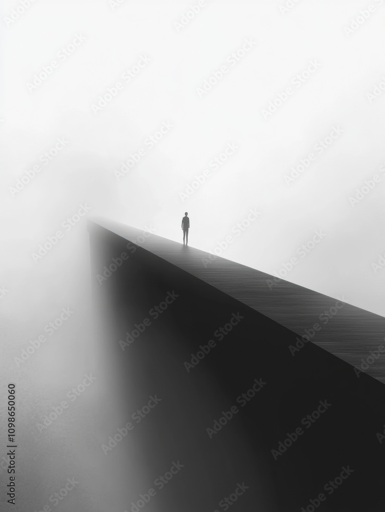Aufkleber a lone person stands on a long, narrow bridge enveloped in fog, creating a moody and mysterious atmo