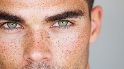 Fototapeta premium a close up of a man with green eyes and freckles on his face against a white background