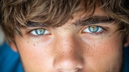 Obraz premium a close up of a young man with blue eyes and freckles His face is in focus, while the background is slightly blurred