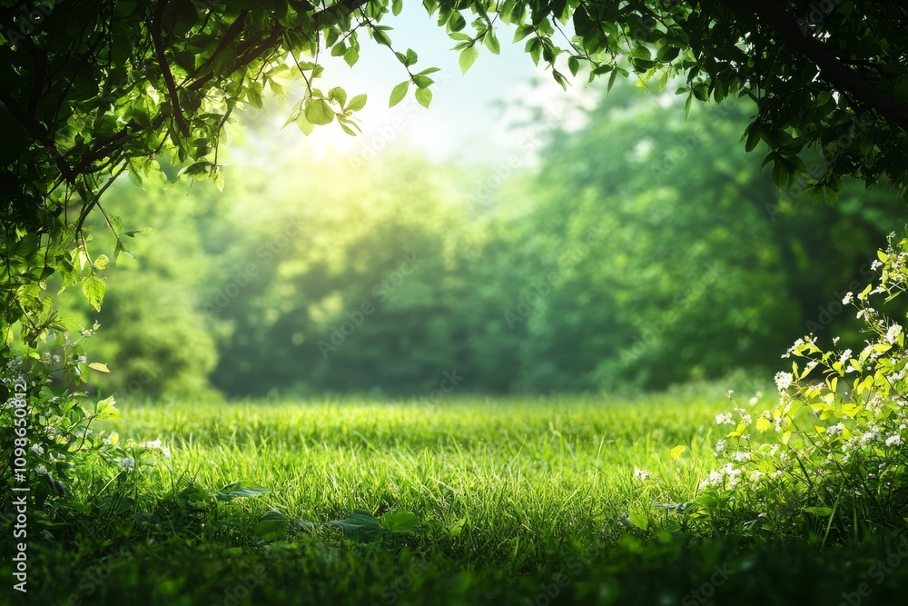 Poster a lush green field with a tree in the background. the grass is short and the tree is tall