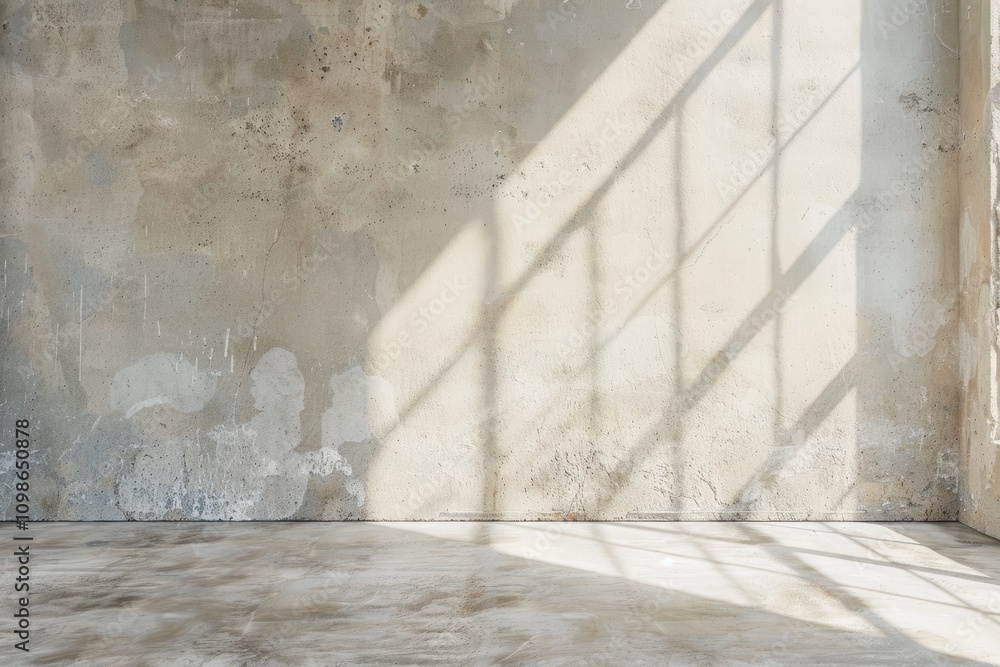 Poster sunlight casts shadows on a textured concrete wall, creating a minimalist and serene atmosphere in a