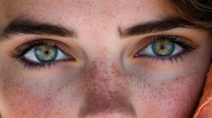 Naklejka premium a close up of a woman's face with freckles, her eyes looking directly at the viewer Her hair is visible on the right side of the image, and the background is slightly blurred