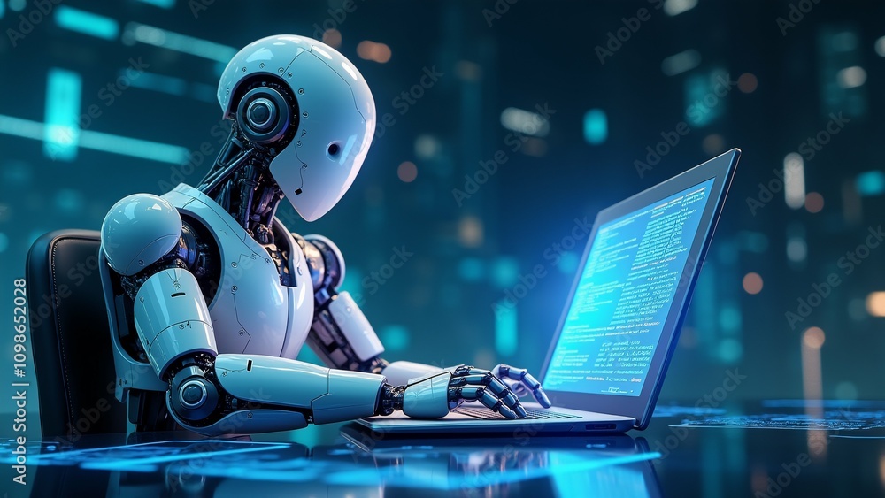 Poster the image shows a robot sitting at a desk with a laptop in front of it. the robot is white and blue 