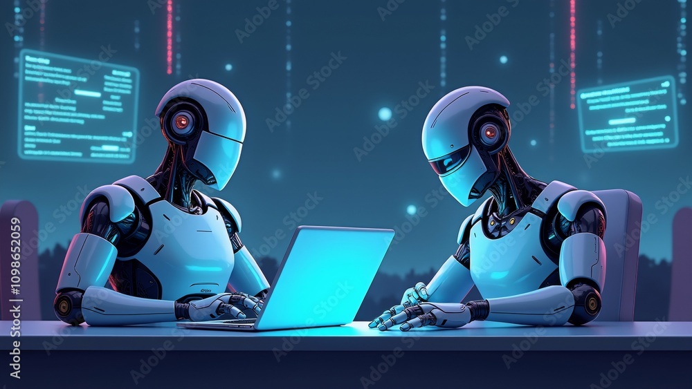 Poster the image shows two robots sitting at a desk with a laptop in front of them. the robots are white an