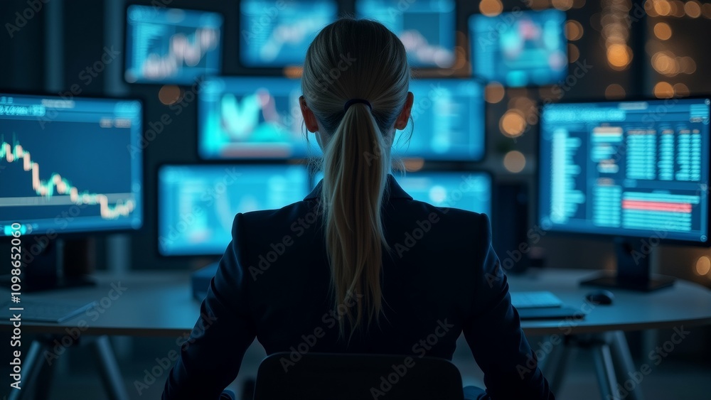 Poster the image shows a woman sitting at a desk in front of multiple computer monitors. she is wearing a d