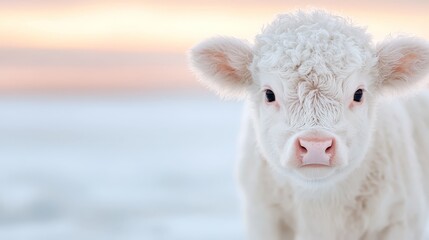 Obraz premium a white calf standing in the snow at sunset, with a blurred background