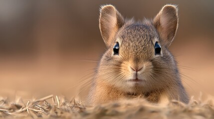 Obraz premium a small brown rabbit sitting in the middle of a pile of dry grass, with a blurred background
