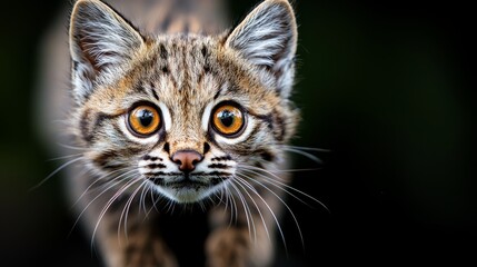 Fototapeta premium a close up of a bobcat's face with yellow eyes, set against a blurred background