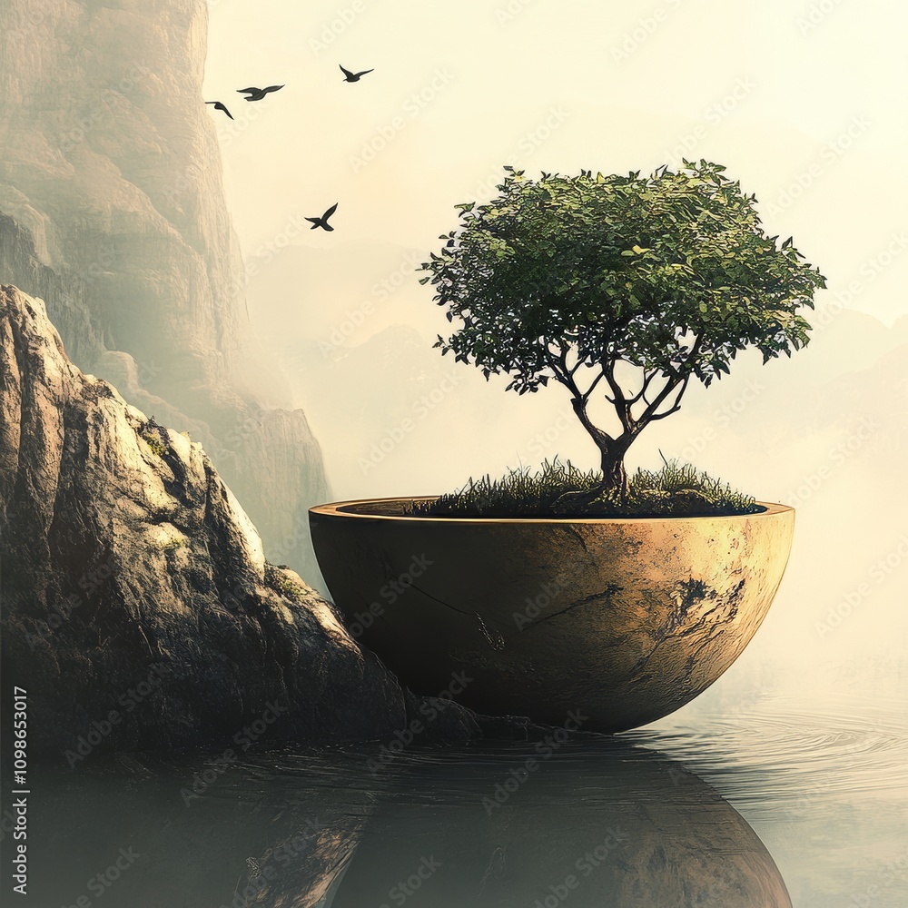 Aufkleber A surreal scene featuring a tree in a half-sphere planter floating by misty mountains with birds in flight.