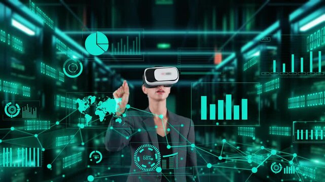 Businesswoman selecting dynamic market database scatter graph analysis monitor by VR future global innovation interface digital infographic network technology visual hologram animation. Contraption.