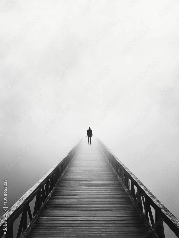 Poster a lone person walks slowly along a long wooden bridge engulfed in thick fog during early morning hou