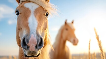 Naklejka premium two horses standing side by side in a field of tall grass The sky is visible in the background, and the horses are surrounded by lush green plants