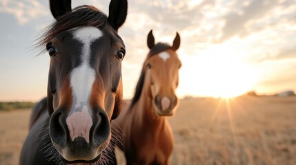 Obraz premium two horses standing side by side in a field at sunset The sky is a beautiful mix of oranges, pinks, and purples, and the sun is setting in the background, casting