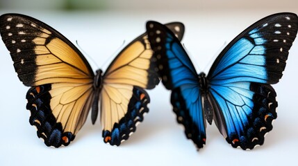 Obraz premium two blue and yellow butterflies sitting on top of each other on a white surface, with a blurred background