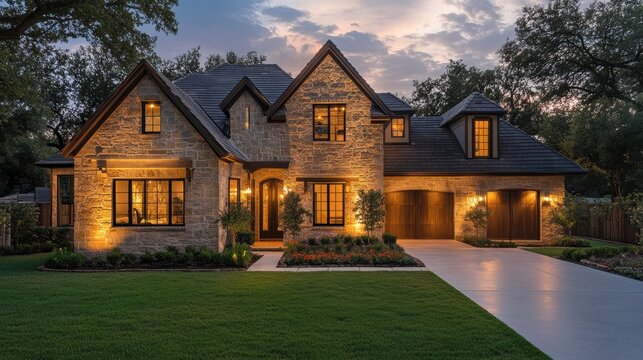 Beautiful Luxury Home in Dallas, Texas With Stunning Yard and Evening Lighting. Generative AI